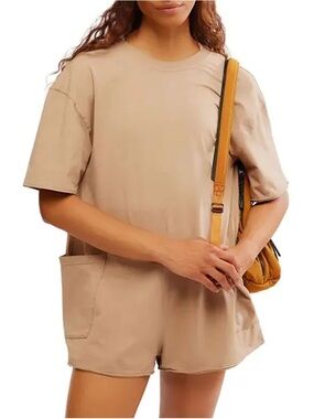 FP Movement by Free People Taupe Short Sleeve Romper